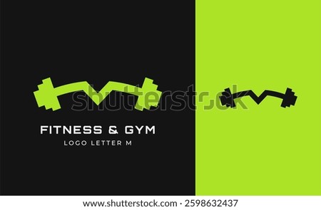 Logo Fitness letter M with Gym equipment concept. Dumbble, bumble, kettlebell concept. Fitness, health, body builder logo design template.