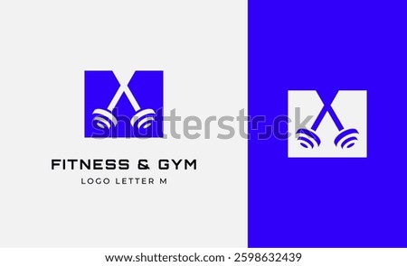 Logo Fitness letter M with Gym equipment concept. Dumbble, bumble, kettlebell concept. Fitness, health, body builder logo design template.