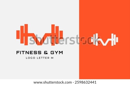 Logo Fitness letter M with Gym equipment concept. Dumbble, bumble, kettlebell concept. Fitness, health, body builder logo design template.