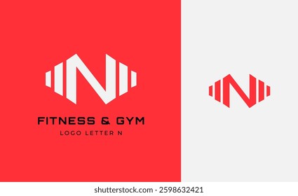 Logo Fitness letter N with Gym equipment concept. Dumbble, bumble, kettlebell concept. Fitness, health, body builder logo design template.