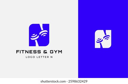 Logo Fitness letter N with Gym equipment concept. Dumbble, bumble, kettlebell concept. Fitness, health, body builder logo design template.
