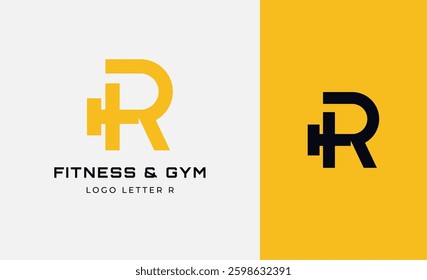 Logo Fitness letter R with Gym equipment concept. Dumbble, bumble, kettlebell concept. Fitness, health, body builder logo design template.