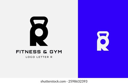Logo Fitness letter R with Gym equipment concept. Dumbble, bumble, kettlebell concept. Fitness, health, body builder logo design template.