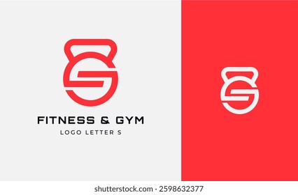 Logo Fitness letter S with Gym equipment concept. Dumbble, bumble, kettlebell concept. Fitness, health, body builder logo design template.