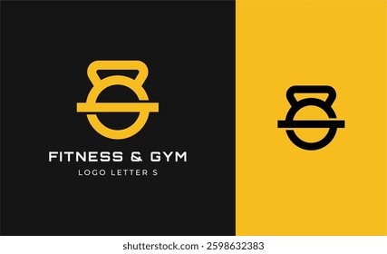 Logo Fitness letter S with Gym equipment concept. Dumbble, bumble, kettlebell concept. Fitness, health, body builder logo design template.
