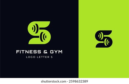 Logo Fitness letter S with Gym equipment concept. Dumbble, bumble, kettlebell concept. Fitness, health, body builder logo design template.