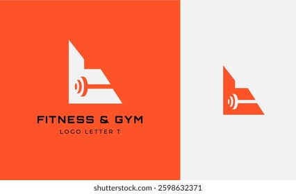 Logo Fitness letter T with Gym equipment concept. Dumbble, bumble, kettlebell concept. Fitness, health, body builder logo design template.