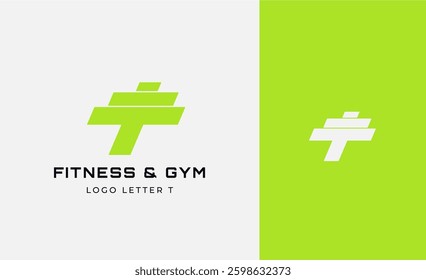 Logo Fitness letter T with Gym equipment concept. Dumbble, bumble, kettlebell concept. Fitness, health, body builder logo design template.