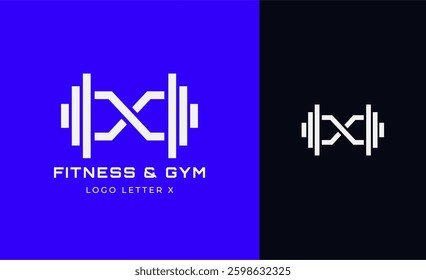 Logo Fitness letter X with Gym equipment concept. Dumbble, bumble, kettlebell concept. Fitness, health, body builder logo design template.