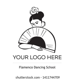 Logo Flamenco dancer with a fan in her hands and a rose in her head hand-drawn on white background. Vector illustration