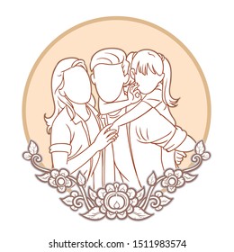 Logo flat happy family, Father, mother and child.In a circle adorned with floral patterns.hand drawn style vector design illustrations.