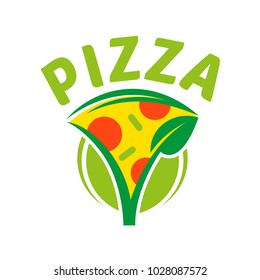 Logo flat icon element triangular fragrant hot appetizing piece of abstract vegan pizza. Fresh light eco vegetarian 100% natural raw vegan eat food vegetable organic Modern vector style graphic design