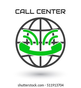 Logo in flat style, looks like smile. Green old phone handset with sound waves, the inscription Call Center and Globe behind. Icon isolated on white background. Vector