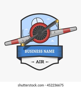 Logo Flight Club: Front of the plane in red yellow and gray colors. blue background with clouds