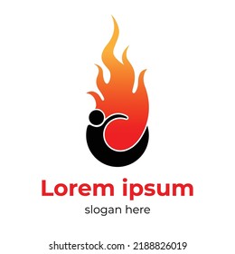 logo of floating people and fire. black, red and orange color combination. passionate athlete logo.