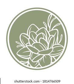 Logotipo para salón de flores en círculo.Silueta de contorno verde vectorial ilustración de una flor de peonía de Lily Lotus.Diseño de icono de impresión para camisetas, tatuajes, corte de madera, bordado, pegatina