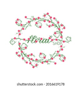 logo for floral shop. green leaves and branches with pink and flowers. floral frame. circle border. design element for ad, banner, card, flyer. vector decorative sign. summer illustration