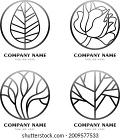 Logo with floral symbols. Round emblem in linear style. Vector abstract icon for natural products design, flower shop, cosmetics, environmental concepts