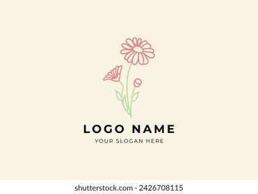 logo Flower Daisy Blossom. Cute. Pink, minimalist, modern logo design. Editable color