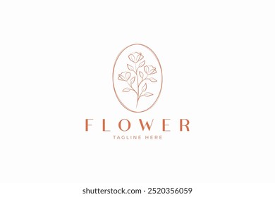 Estilo minimalista da flor do logotipo desenhado à mão com símbolo do ornamento do quadro oval