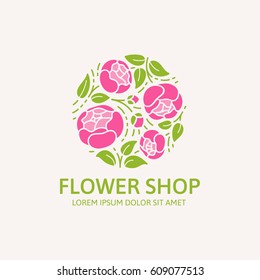 Logo For Flower Shop. Arrangement Of Pink Peonies In A Modern Style