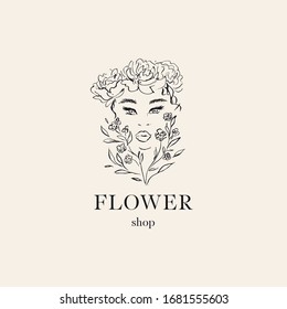 Logo flower shop. Girl's face in flowers.