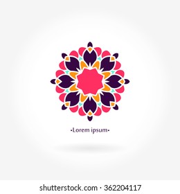 Logo for flower shop, interior. Company logo, stylized flower, element. Simple geometric logo. Mandala logo. Business, invitations. Beautiful blue flower. Pink, blue color. Circular logos. Flower logo