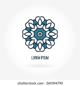 Logo for flower shop, interior. Company logo, stylized flower, element. Simple geometric logo. Mandala logo. Business, invitations. Beautiful blue flower. Dark blue color. Circular logos. Flower logo.