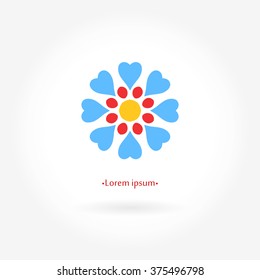 Logo for flower shop, interior. Company logo, stylized flower, element. Simple geometric logo. Mandala logo. Business, invitations. Beautiful blue flower. Dark blue color. Circular logos. Flower logo.