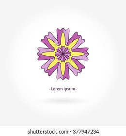 Logo for flower shop, interior. Company logo, stylized flower, element. Simple geometric logo. Mandala logo. Business, invitations. Beautiful blue flower. Dark blue color. Circular logos. Flower logo.