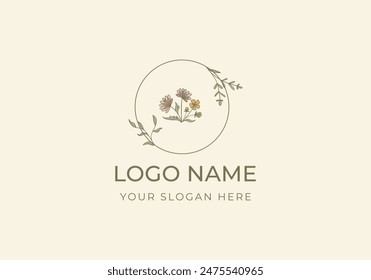 Flores de logotipo con borde de círculo. Logo Botanical, línea floral. Archivo editable