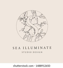 Logo with flowers enclosed in a circle and a monogram. Hand drawn vector illustrations. Perfect for labels, badges, logo, branding.