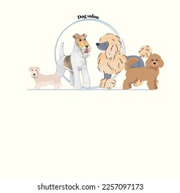 Logo, flyer, and board for dog salon. Dog grooming. Black background, white text.
