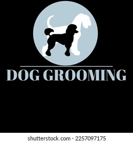 Logo, flyer, and board for dog salon. Dog grooming. Black background, white text.