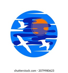 Logo con aves marinas voladoras sobre un fondo de cielo azul y sol en un círculo aislado