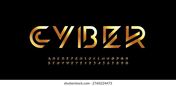 Logo font alphabet from segment gold lines, technology golden letters A, B, C, D, E, F, G, H, I, J, K, L, M, N, O, P, Q, R, S, T, U, V, W, X, Y, Z and numerals 0, 1, 2, 3, 4, 5, 6, 7, 8, 9, and numbers, vector illustration 10EPS