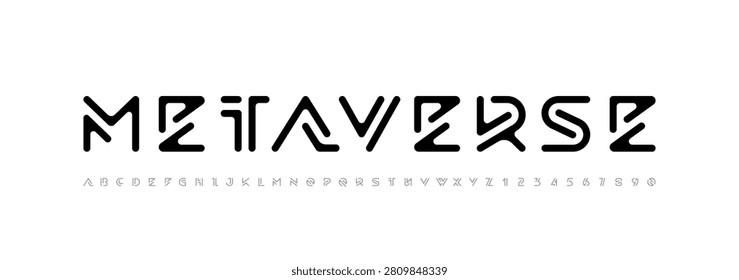Logo font alphabet from segment rounded black lines, technology letters A, B, C, D, E, F, G, H, I, J, K, L, M, N, O, P, Q, R, S, T, U, V, W, X, Y, Z and numerals 0, 1, 2, 3, 4, 5, 6, 7, 8, 9, vector