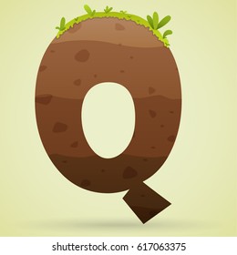 Logo font Q underground with grass and leaf color green cartoon style.
