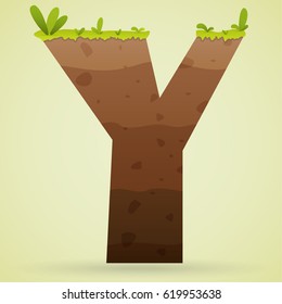 Logo font Y underground with grass and leaf color green cartoon style.