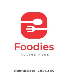 logotipo e ilustração do vetor do projeto do logotipo do alimento. Perfeito para empresas de alimentos, cafés, fast food, restaurantes finos, serviços de catering, ou marca culinária cor laranja quadrado 
