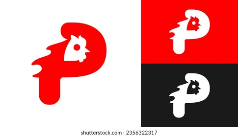 logo food initial P with chicken silhouette and cutlery with red and black color, suitable for restaurant business with processed chicken