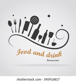 Logo food with utensils on a curved line. It represents creative cuisine. Vector.