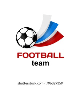 Logo Football team in Russia. Poster with Russian flag. Vector Illustration. Flat colored banner isolated soccer ball concept. Football sport banner.
