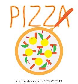 Logo for, pizzeria, bar, coffee house, restaurant. Silhouette of a fountain pen and pizza. Image for corporate party, holiday. Abstract vector logos for celebration.