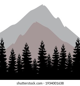 Logo with forest and mountains. Vector image. Dark colors. Minimalistic style. Label, emblem, stamp vector template