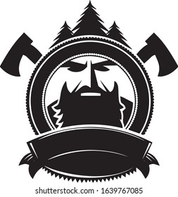 Logo forester. Vector logo lumberjack, black, one-color. Ready-made version.