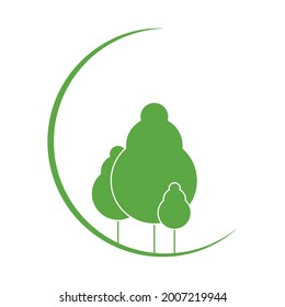 Logo for forestry or eco company or event: green trees on the background of a crescent moon. Vector creative illustration