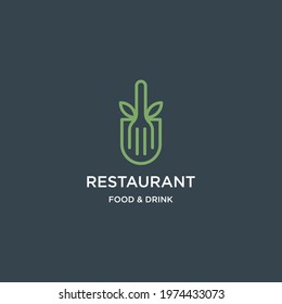 Logo fork line, icon restaurant. with a fork leaf line art, simple template 