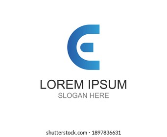 The logo is in the form of the alphabet E with blue gradations
