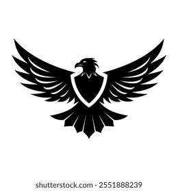 The logo is in the form of an eagle silhouette. A template for the design of an icon, sticker, merch and corporate identity. Isolated on a white background. Vector illustration.